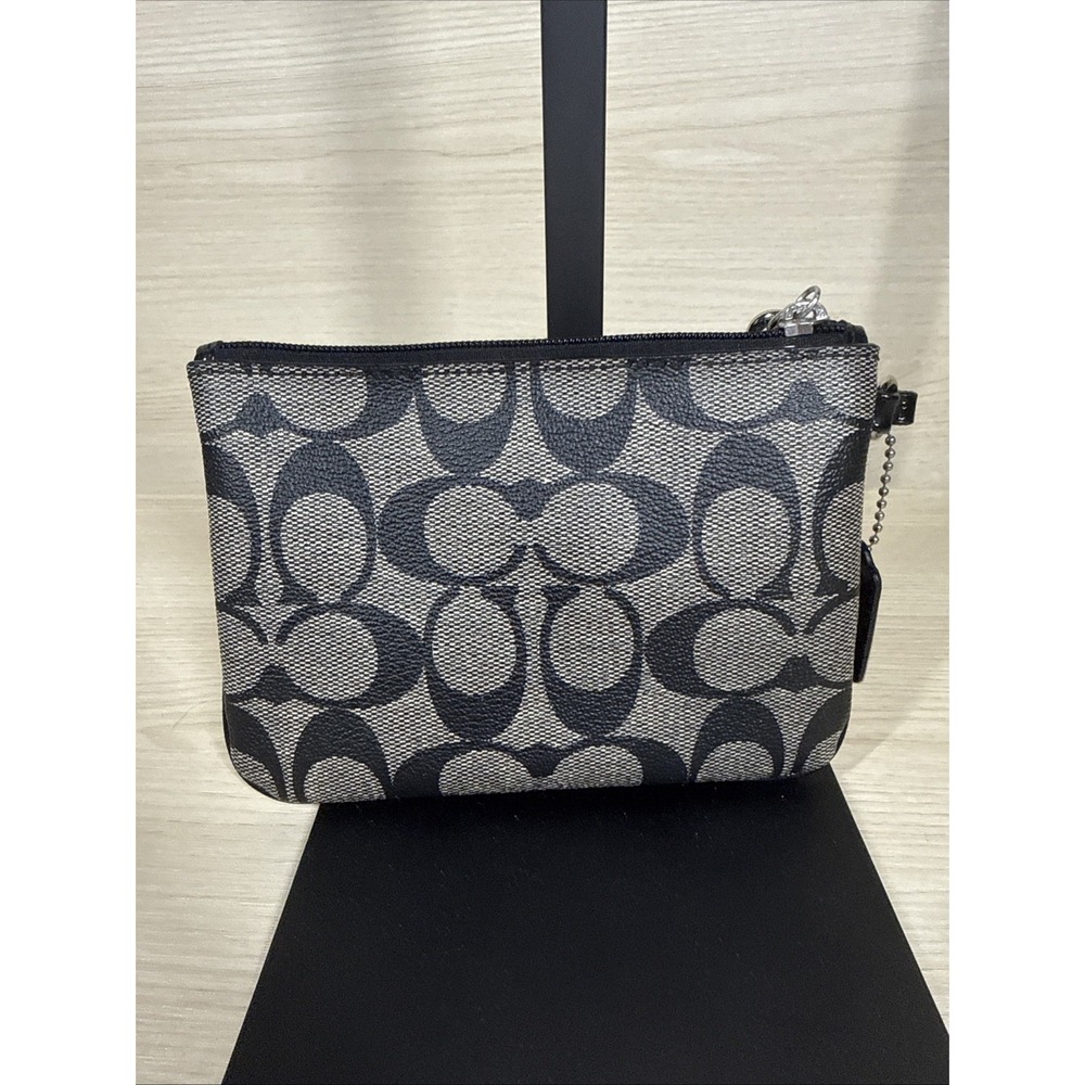 Coach Signature Logo Leather Wristlet Top Zip Black And Tan‎ Silver Hardware - Picture 3 of 8